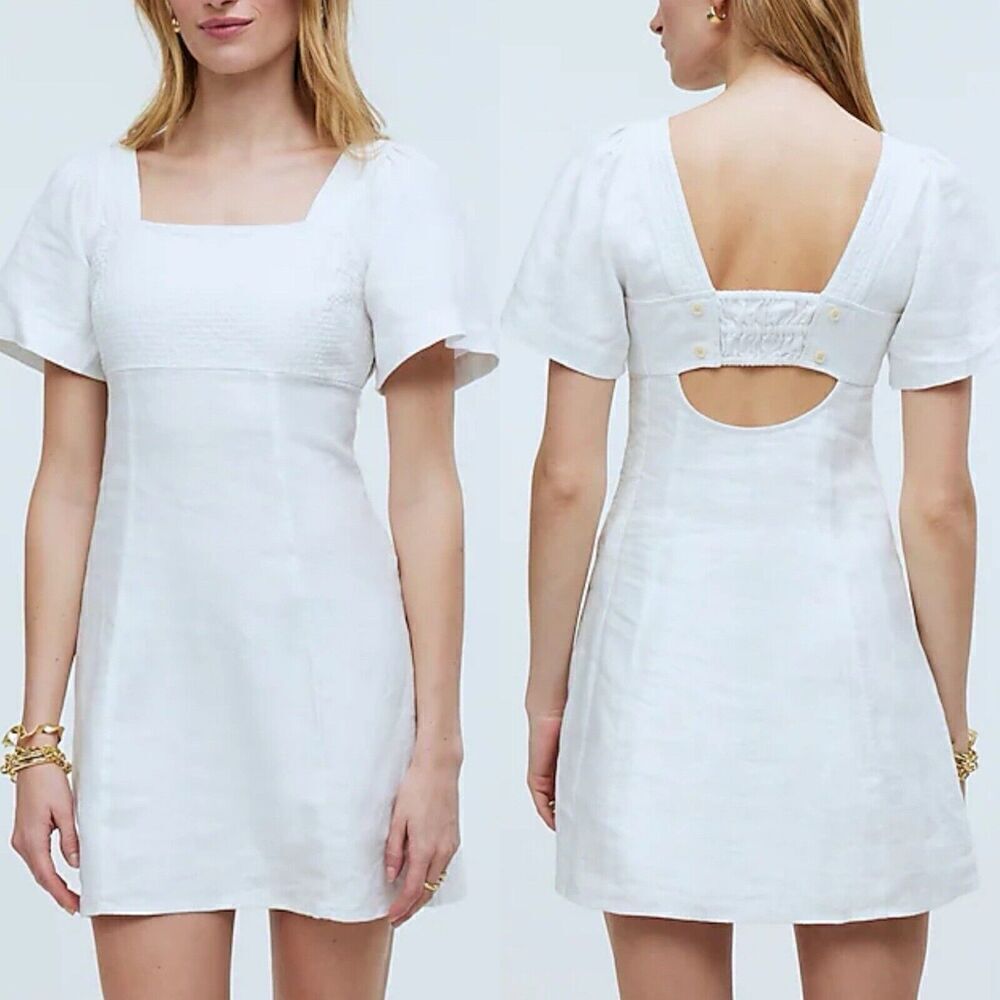 MADEWELL Linen Mini Dress Women 8 White Square Neck Cutout NP764